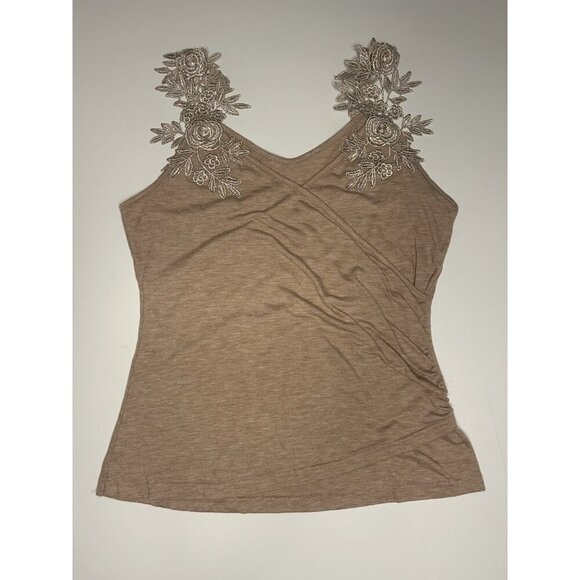 Women’s XL Sleeveless Surplice Wrap Tank Tan Crochet Lace Strap Feminine Ballet - Picture 1 of 5